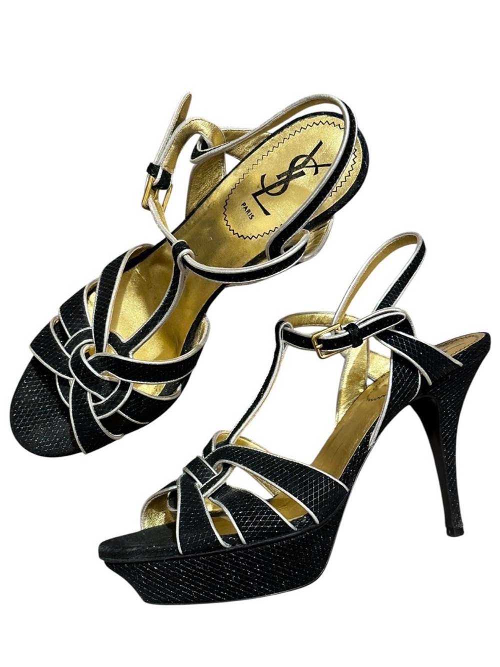 YSL Yves Saint Laurent Tribute Black Textured Gold T-Strap Platform Heels 40